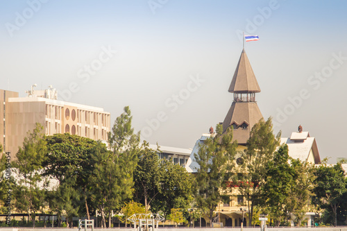 Thammasat University, Tha Pachan campus view from Chao Phraya River. Thammasat is Thailand's second oldest institute of higher education, established in 1934 near the Grand Palace in Bangkok Old City.