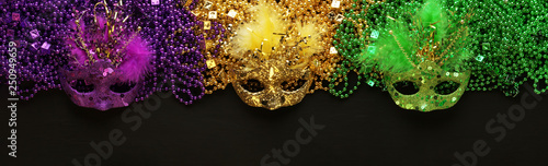Purple, Gold, and Green Mardi Gras beads and masks background