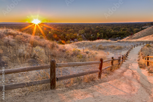 Downhill foothills trail in Boise, Idaho at sunset