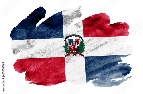 Dominican Republic flag is depicted in liquid watercolor style isolated on white background