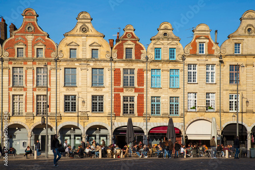 Facades of typical Flemish medieval houses in a square of Arras in France