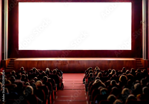 People in the cinema auditorium with empty white screen.