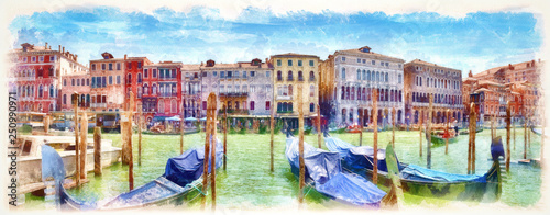 Gondolas on the Grand Canal, digital imitation of watercolor painting