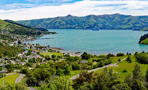 Overlook of scenic Akaroa on the Banks Peninsula, Canterbury, South Island, New Zealand