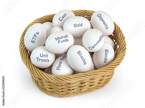 Asset allocation, investment divesifacation and put all eggs in one basket concept. Basket and eggs with different financial investment products.