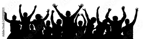 Crowd of fun people. A young group of people raised their hands up. Silhouette of vecton illustration