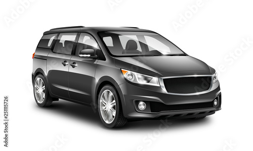 Black Generic Minivan Car On White Background. MUV, MPV Or High Roof Family Automobile. Perspective View Illustration With Isolated Path.