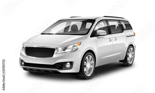 White Metallic Generic Minivan Car On White Background. MUV, MPV Or High Roof Family Automobile.