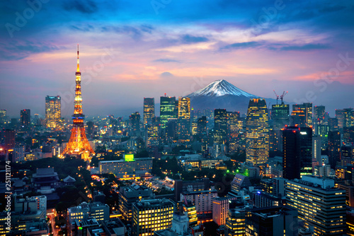 Aerial view of Tokyo cityscape with Fuji mountain in Japan.