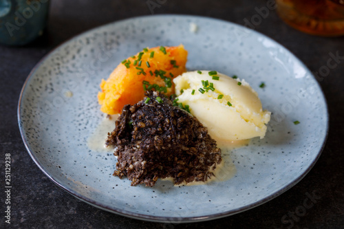 Scottish dish of haggis, neeps and tatties, meal served traditionaly on Burns night