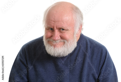 old man with insidious tricky fake smile, isolated on withe