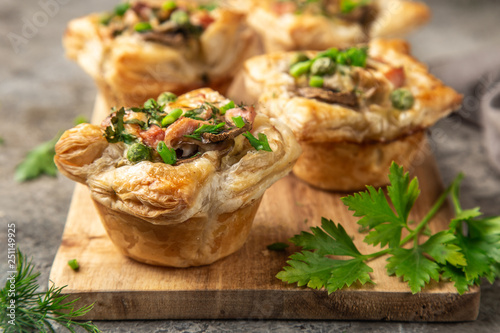 savory puff cups with ham, mushroom and vegetables