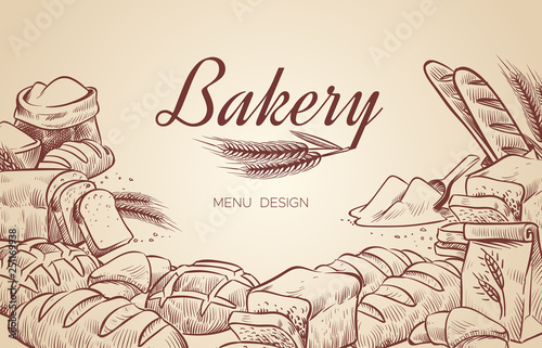 Bakery background. Hand drawn cooking bread bakery bagel breads pastry bake baking culinary vector menu design