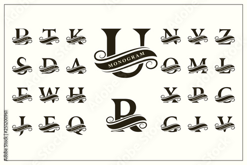 Set of Stylish Capital Letters. Vintage Logos. Filigree Monograms. Ribbon for Inscription. Beautiful Collection. English Alphabet. Simple Emblems. Design of Calligraphic Insignia. Vector illustration