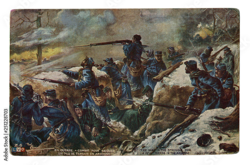 French historical postcard: The struggle for a few yards in the Argonne. Battle in the trenches in the forest. Dead German soldiers. World war one 1914-1918