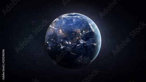 Nightly Earth globe in the outer space. City lights on planet. Civilization. Elements of this image furnished by NASA