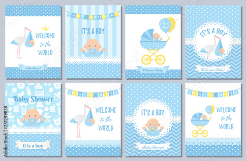 Baby Shower card. Vector Baby boy design. Invite banner. Cute birth party background. Welcome born template. Blue happy greeting poster with kid, stork, pram polka dot print. Cartoon flat illustration