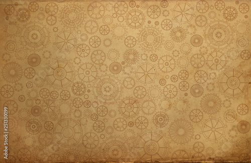 Vintage steampunk cogs gears and wheels, Frame background. Old retro paper canvas. Wallpaper.