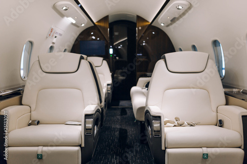 Business jet aircraft interior with comfortable leather seats