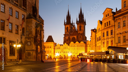 PRAGUE, CZECH REPUBLIC - OCTOBER 16, 2018: The Orloj on the Old Town hall, Staromestske square and Our Lady before Týn church at dusk.