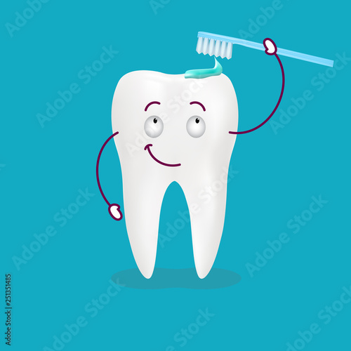 Cute Happy Cartoon Tooth With Its Smiling Toothbrush With Toothpaste On It Isolated On A Background. Vector Illustration. Healthcare Concept.