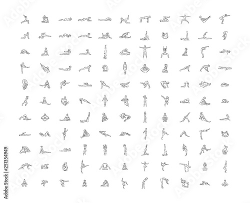Vector hand drawn illustration of yoga icons illustration on white background.