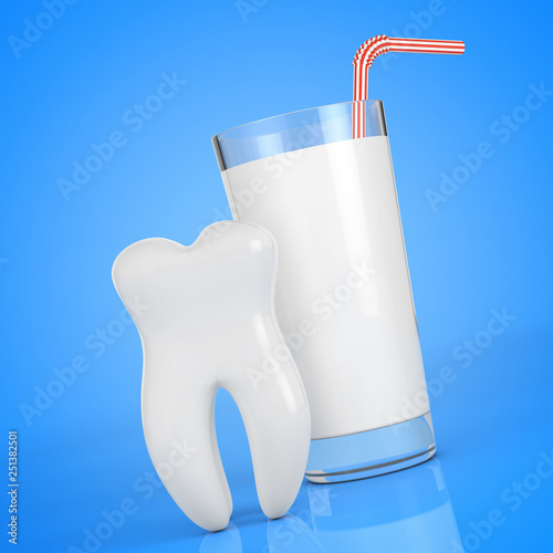 White Tooth in front of Glass of Milk. 3d Rendering