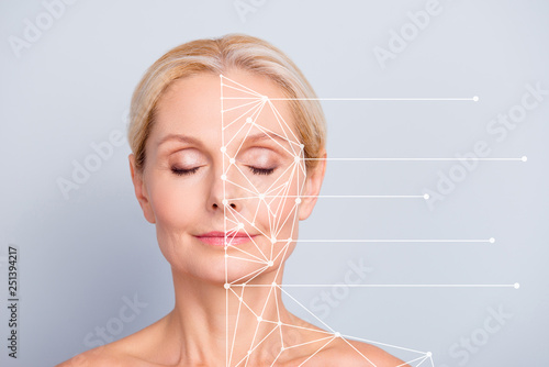 Collage close-up portrait of nice charming pretty attractive woman with perfect smooth soft skin after cream balm mask lotion lines showing places pieces of face isolated on gray pastel background