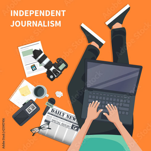 Independent journalism flat banner. Equipment for journalist. Man sitting on the floor and holding lap top in his lap. Flat vector illustration