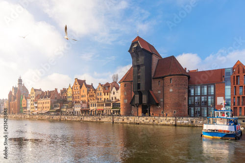 Zuraw Port Crane and the Motlawa embankment in Gdansk, sunny weather