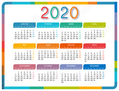 Calendar 2020 in French language on white background. Colorful calendar 2020 year. Simple vector template