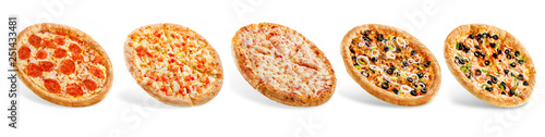 Zestaw pizzy: pepperone, ser, kurczak i pomidory, tuńczyk, krewetki
