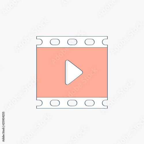 Film, movie, photo, filmstrip icon, film strip frame or player concept sign with play button. Graphic design element on white
