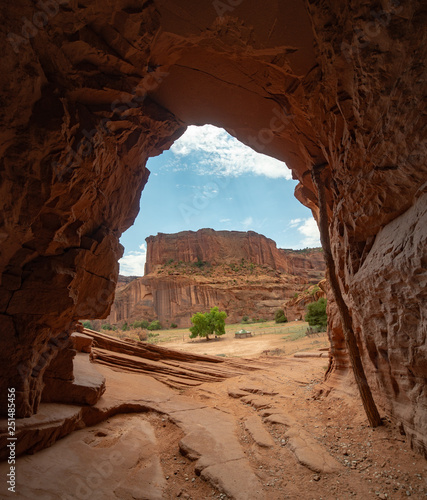 Canyon de Chelly Hogan under cottonwood trees wide angle