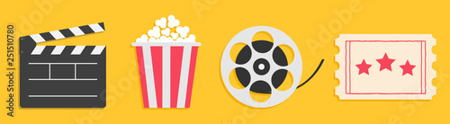 Cinema icon set line. Popcorn box package Big movie reel. Open clapper board. Ticket Admit one. Three star. Flat design style. Yellow background. Isolated.