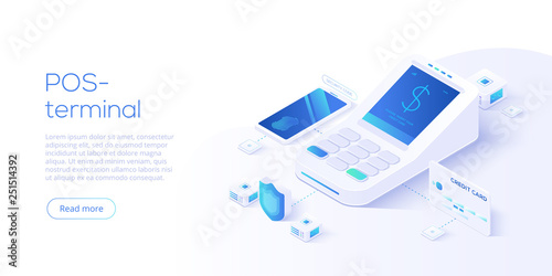 Internet banking concept in isometric vector illustration. Digital payment or online money transfer service. POS terminal for contactless smartphone pay. Website banner or webpage layout template.