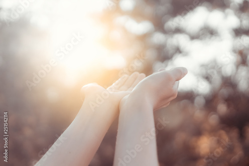 Woman open hand up to sunset sky and green blur leaf bokeh sun light abstract background.