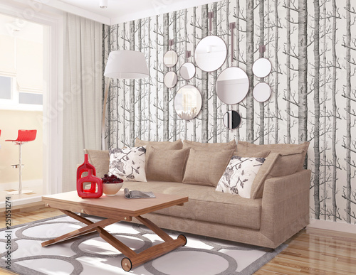 modern living room with wallpaper tree cole & son and brown sofa