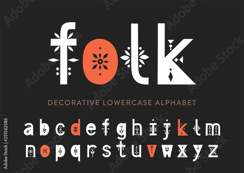 Vector display lowercase alphabet decorated with geometric folk patterns