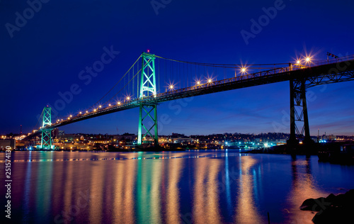 Angus L. Macdonald Bridge at twilight. The span connects Halifax and Dartmouth, Nova Scotia.