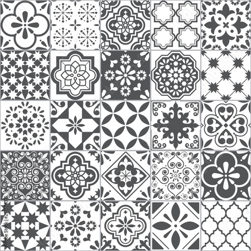 Lisbon geometric Azulejo tile vector pattern, Portuguese or Spanish retro old tiles mosaic, Mediterranean seamless gray and white design 