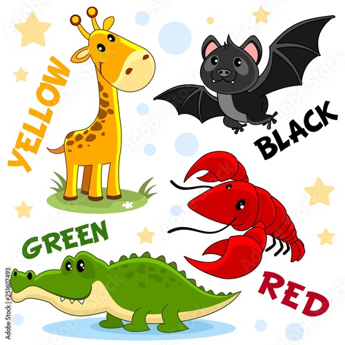 Set of different colors with animals for children. For education. The colors are black bat, yellow giraffe, green crocodile, red crab.