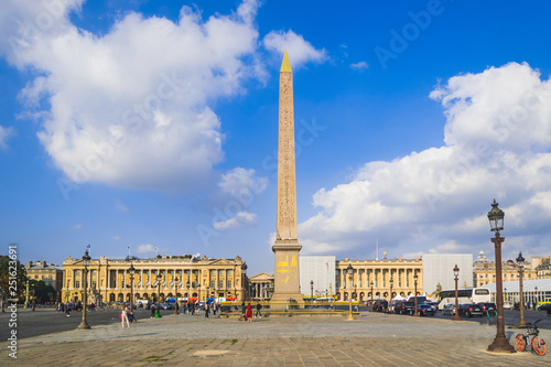 PARIS, FRANCE - 02 OCTOBER 2018:Obelisk Monument with blue sky at Place de la concorde Paris, France