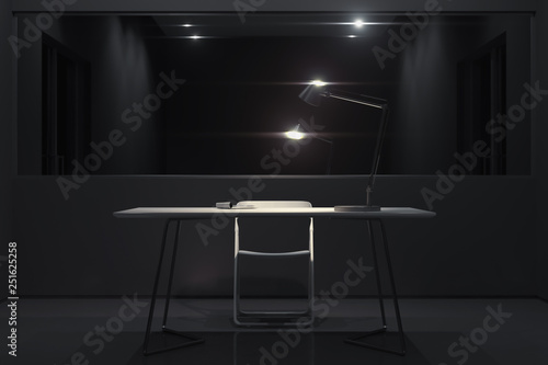 Dark interrogation room with switched-on lamp and big mirror, 3d rendering.