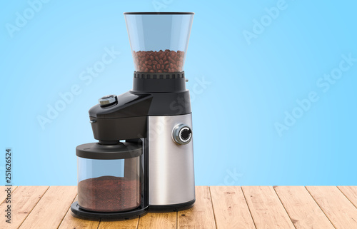 Electric coffee grinder on the wooden table, 3D rendering