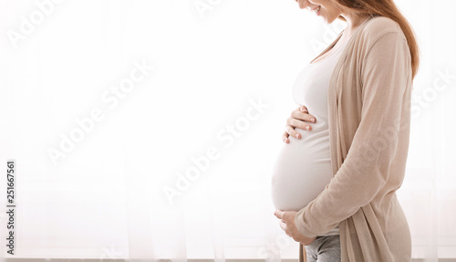 Beautiful pregnant woman hugging her tummy at home