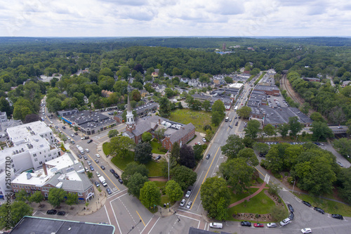 Aerial view of Wellesley Congregational Church and town center, Wellesley, Massachusetts, USA.