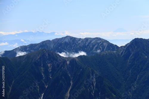 剣岳山頂から 後立山連峰越しの八ヶ岳と富士山遠景