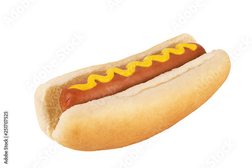 Close up on hot dog with mustard on top, isolated on white background. Cut out.