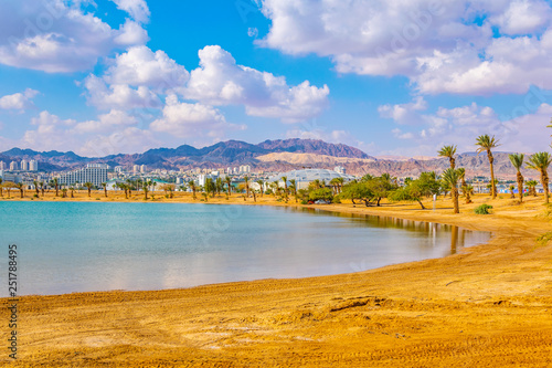 Cityscape of Eilat viewed behind the peace lagoon, Israel